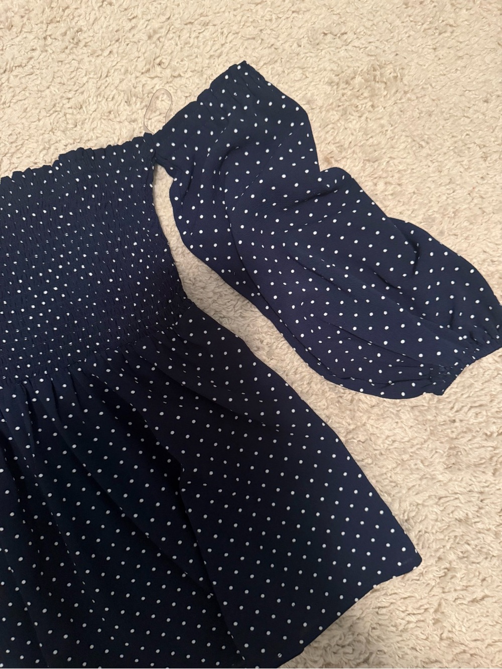 Navy Polka-Dot Smocked Off-Shoulder Top Size Large - Picture 2 of 3